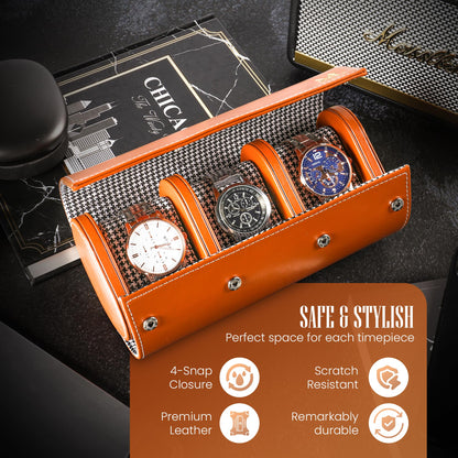 MALROLL Genuine Leather Watch Roll Travel Case & Watch Case for Men – 3 Watch Roll with Dividers & Removable Snap Pillows – Watch Case for Travel & Display