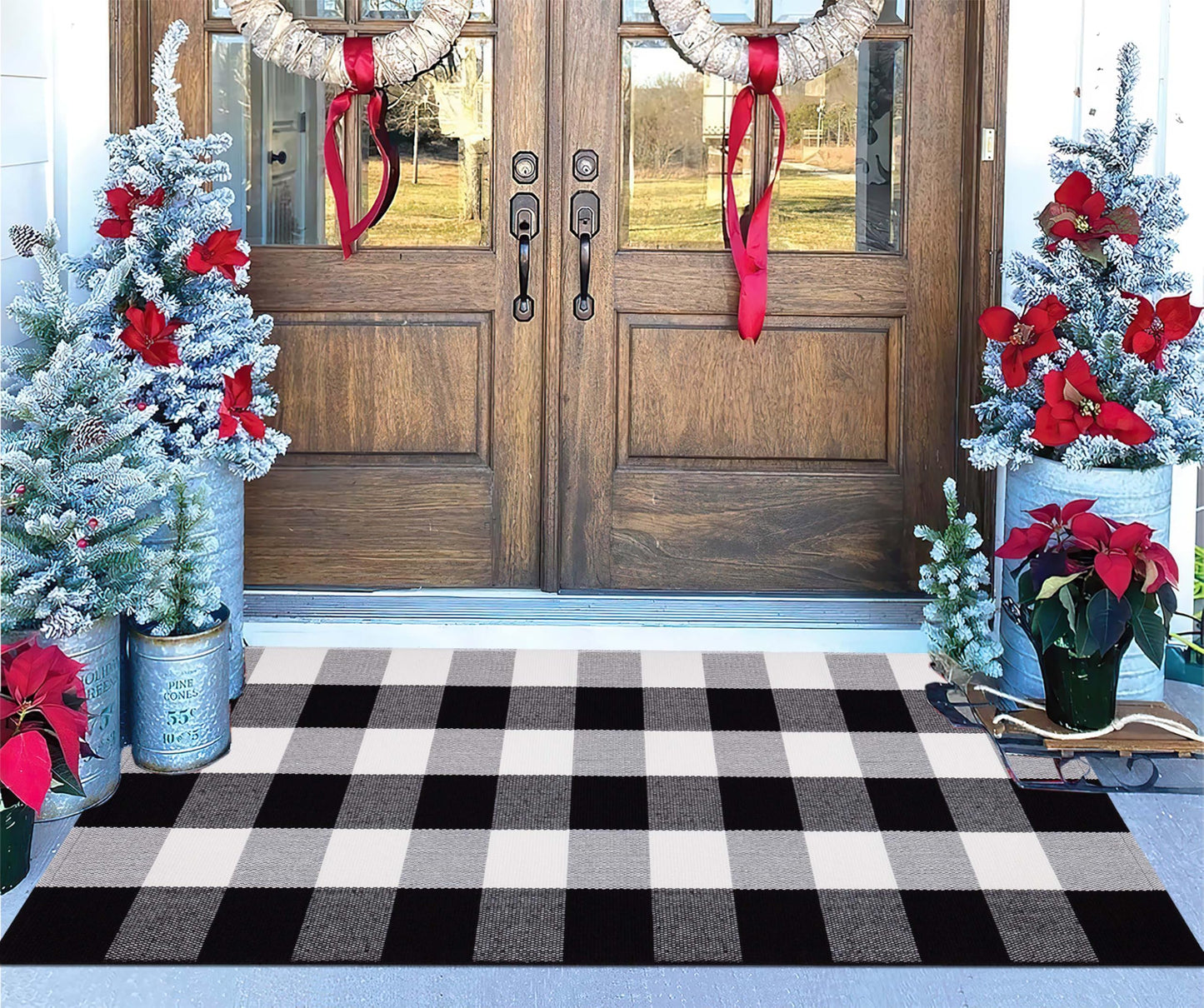 Buffalo Plaid Front Porch Rug 24''x 51''Black and White Checkered Outdoor Rug Cotton Machine Washable Farmhouse Mat for Outdoor, Kitchen, Farmhouse, Entryway,Bathroom