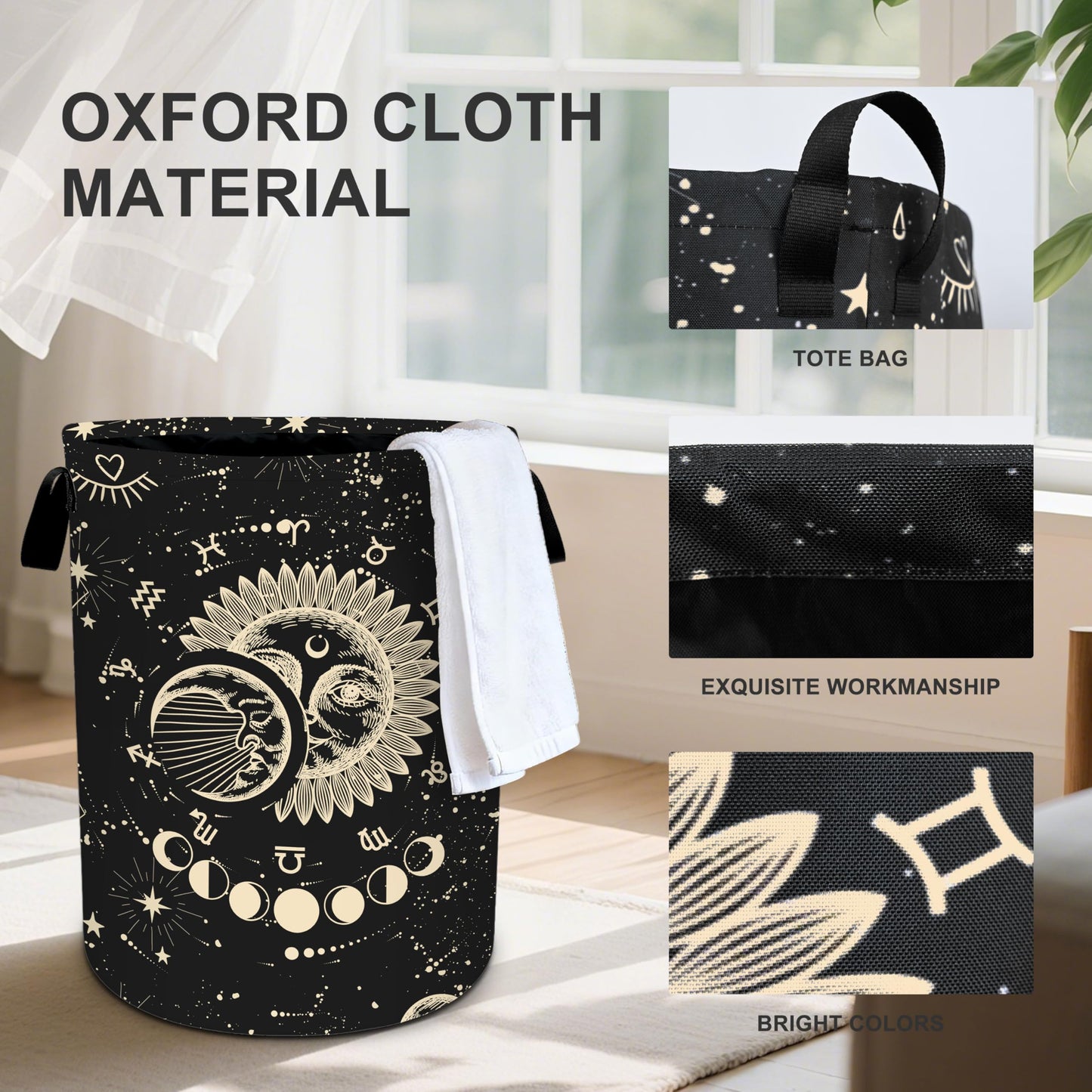 Sun Moon Laundry Basket Storage Bin Foldable Laundry Hamper Clothes Storage Bucket Organizer 19.6x15.7 Inch For Laundry Room/Bedroom/Bathroom