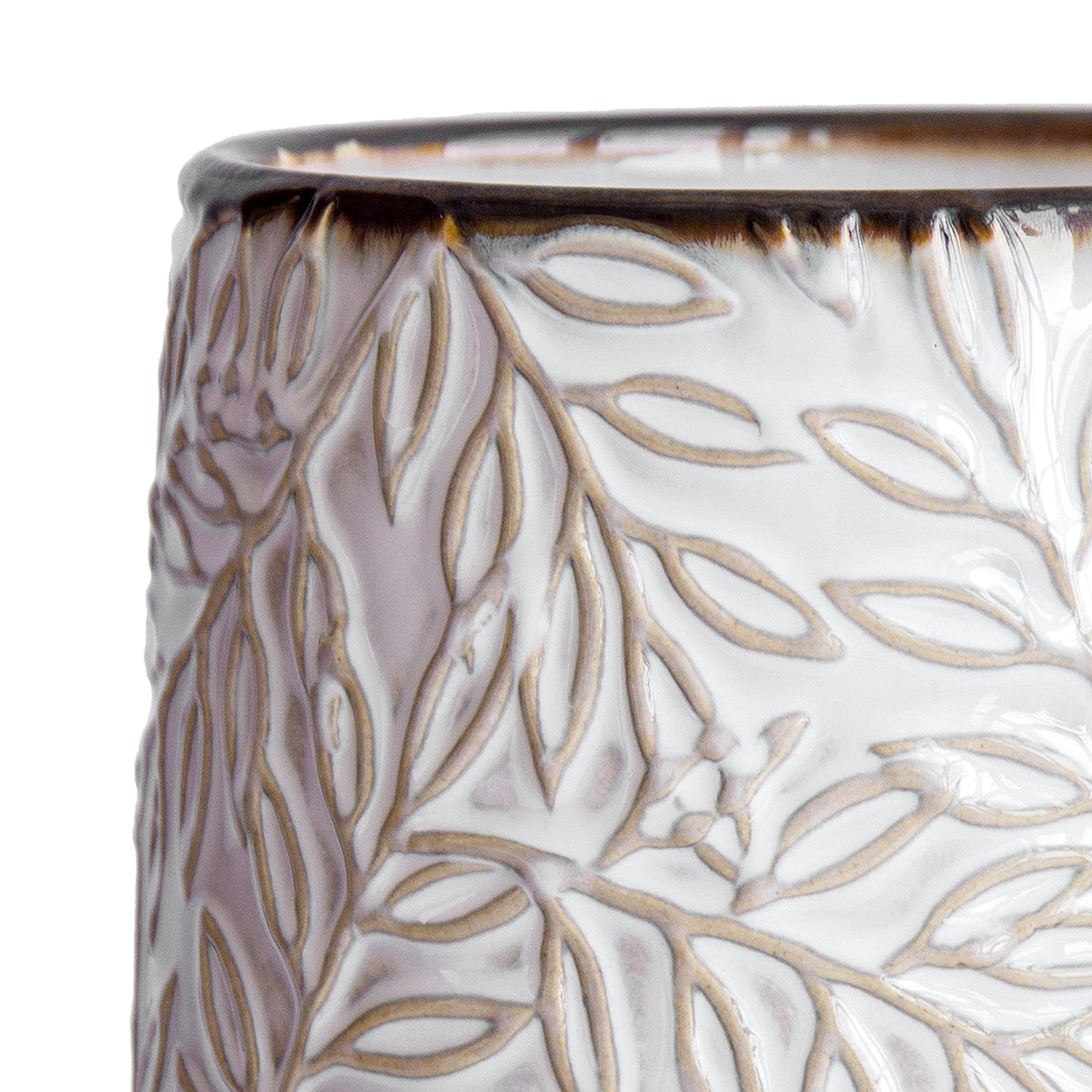 D'vine Dev 4 Inch Embossed Leaves Stoneware Planter Pot with Drainage Hole and Saucer, Smoked White, Set of 1, 27-A-Z-1