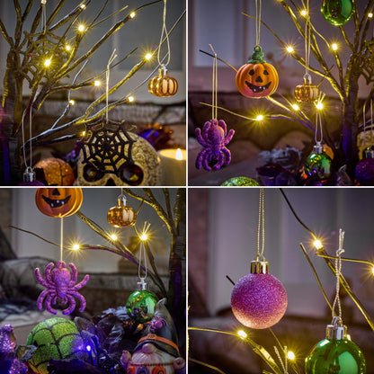 Valery Madelyn 16Inch Halloween Black Tree with 12ct Shatterproof Ornaments, Halloween Tabletop with Hanging Tree Decorations Ball Pumpkins Spider Bat Jack O Lantern(24 Orange LEDs)