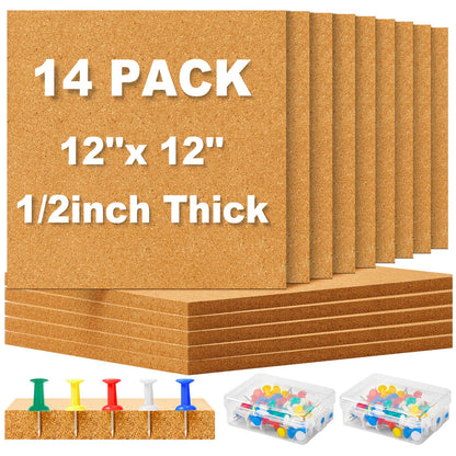 Reginary 19 Cork Board Tiles 12 x 12 in 0.5 in Thick Square Bulletin Boards Cork Tiles Bulk with Push Pins Mini Natural Self Adhesive Backing Corkboards for Wall Home Office Floor DIY(14 Pcs)