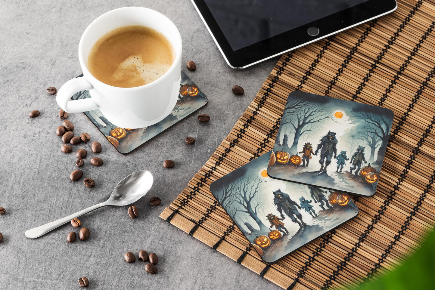 Caroline's Treasures Werewolves Spooky Halloween Foam Coaster Set of 4 Cup Coasters for Indoor and Outdoor, Coaster for Tabletop Protection, Anti Slip, Mouse pad Material