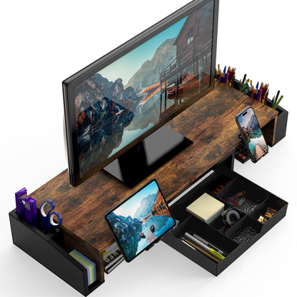 Simple Houseware Desk Dual Monitor Stand Riser with Drawer, Rustic Brown