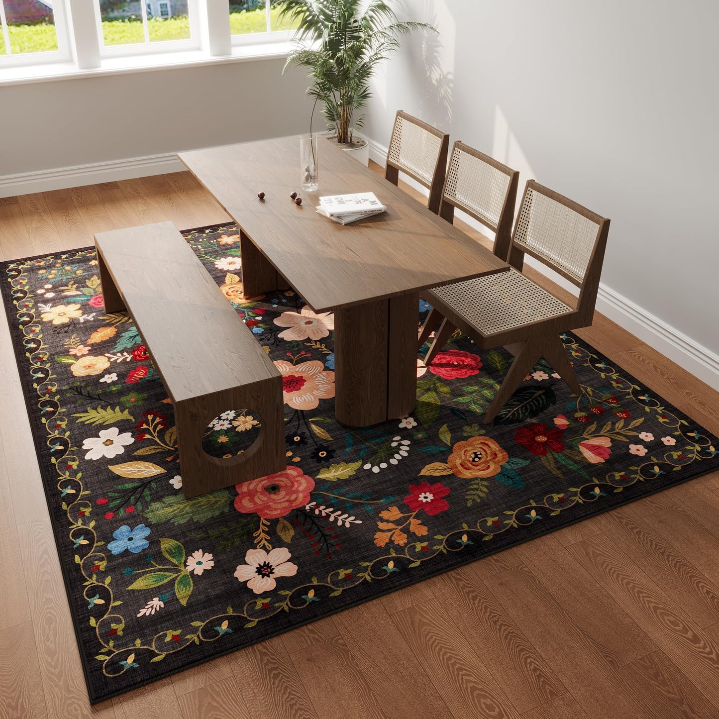 Rugcomf Living Room Rug 5x7 Rug Machine Washable Boho Area Rug Non Slip Floral Vintage Low Pile Large Rugs for Living Room, Bedroom, Farmhouse, Dining Room, Kids Playroom(Black)