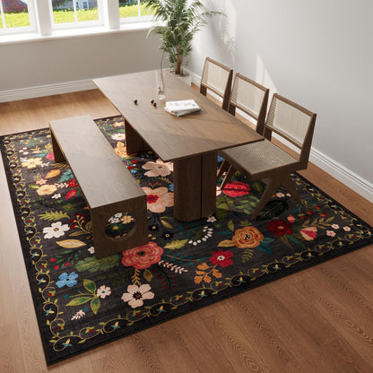 Rugcomf Living Room Rug 5x7 Rug Machine Washable Boho Area Rug Non Slip Floral Vintage Low Pile Large Rugs for Living Room, Bedroom, Farmhouse, Dining Room, Kids Playroom(Black)