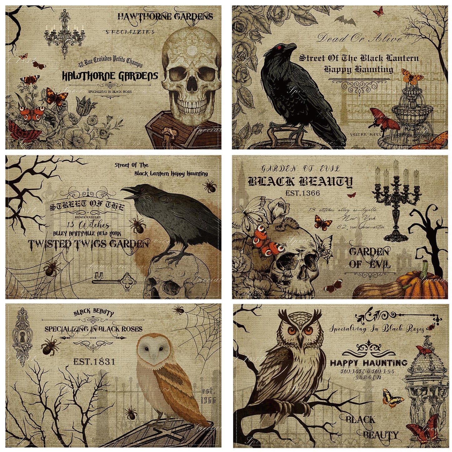 Umigy 6 Pcs Halloween Placemats 12"x18" Gothic Bat Placemats Kitchen Decoration Washable Witch Place Mats Rectangle Skull Table Mats for Halloween Dining Table Accessories(Poster Style)