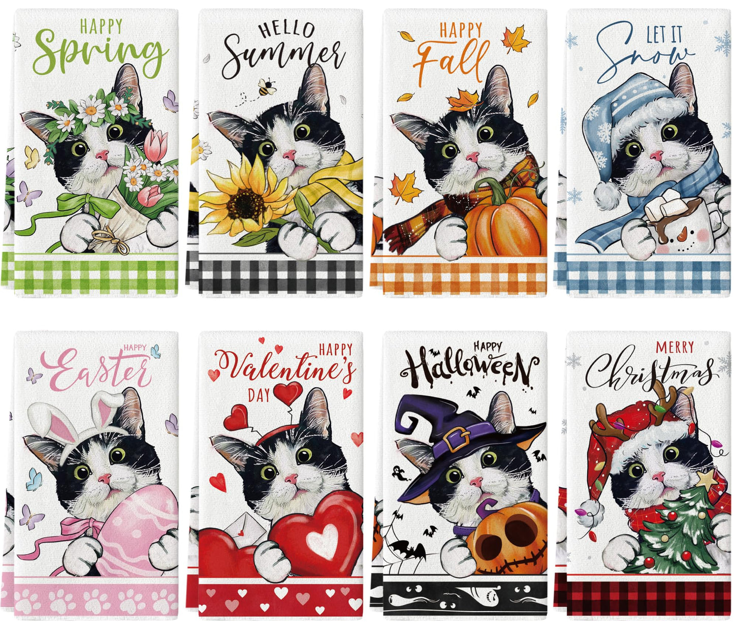 maiiooliwe 8 Pcs Cute Cat Kitchen Towels Seasonal Holiday Dish Towels for Kitchen, Spring Summer Fall Winter Absorbent Dishcloths Halloween Christmas Holiday Decoration Hand Towels