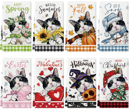 maiiooliwe 8 Pcs Cute Cat Kitchen Towels Seasonal Holiday Dish Towels for Kitchen, Spring Summer Fall Winter Absorbent Dishcloths Halloween Christmas Holiday Decoration Hand Towels
