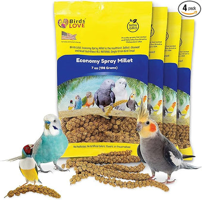 Birds LOVE Economy Special Spray Millet - GMO-Free (No Stems Only Edible Tops) for Birds Cockatiel, Lovebird, Parakeet, Finch, Canary All Parrots Healthy Treat 7oz - Pack of 4