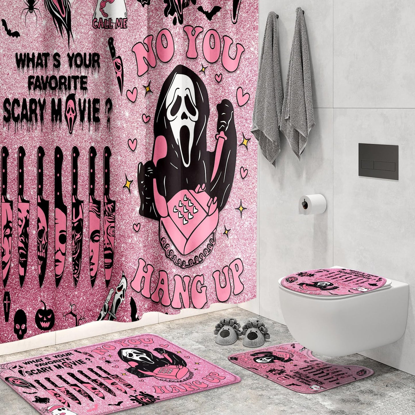 4 Pcs Pink Horror Shower Curtain Set with Rugs,Halloween Bathroom Decor