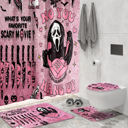 4 Pcs Pink Horror Shower Curtain Set with Rugs,Halloween Bathroom Decor