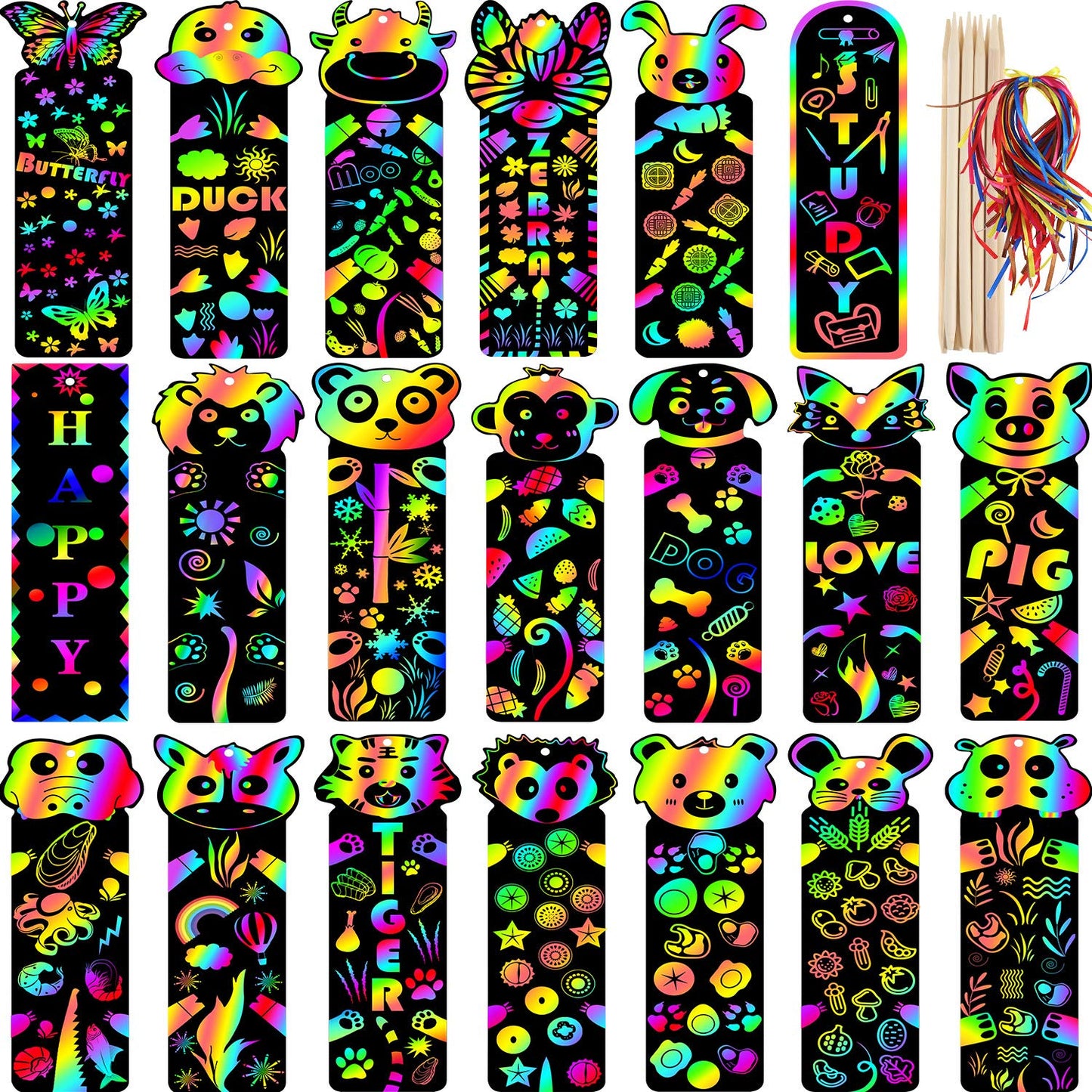 Blulu 100 Pieces 20 Styles Scratch Art Bookmarks for Kids Back to School Scratch DIY Bookmark Crafts with 100 Pcs Ropes 20 Pcs Wood Stylus First Day of School Gift for Students Boys Girls Classroom