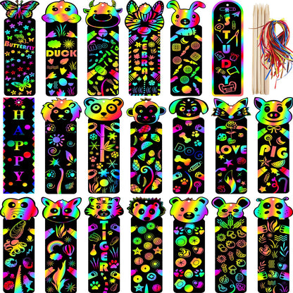 Blulu 100 Pieces 20 Styles Scratch Art Bookmarks for Kids Back to School Scratch DIY Bookmark Crafts with 100 Pcs Ropes 20 Pcs Wood Stylus First Day of School Gift for Students Boys Girls Classroom