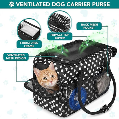 PetAmi Dog Purse Carrier for Small Dogs, Airline Approved Soft Sided Pet Carrier with Pockets, Ventilated Dog Carrying Bag for Puppy Cat, Dog Travel Supplies Bag, Sherpa Bed, Max 12 lbs, Polka Dot