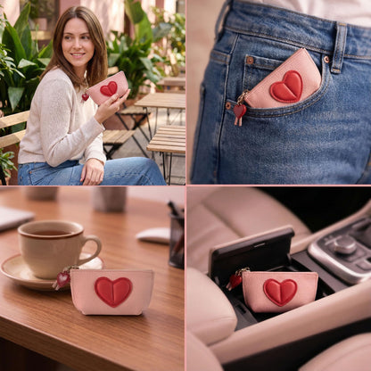 Red Heart Design Small Coin Purse - Cute Compact Keychain Change Purse Soft Leather Wallet with Zipper for Women (Pink)