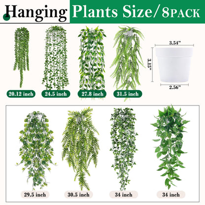 Der Rose 8Pcs Fake Plants Hanging Artificial Ivy Vine Faux Eucalyptus Hanging Plants for Home Boho Wall Shelf Indoor Outdoor Decor (White Pots)