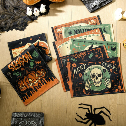 Breling 7 Pcs Halloween Placemats with Runner 12"x18" Terror Forest Gothic Bat Placemats Washable Rectangle Skull Table Mats for Halloween Kitchen Dining Table Home Accessories (Scary)