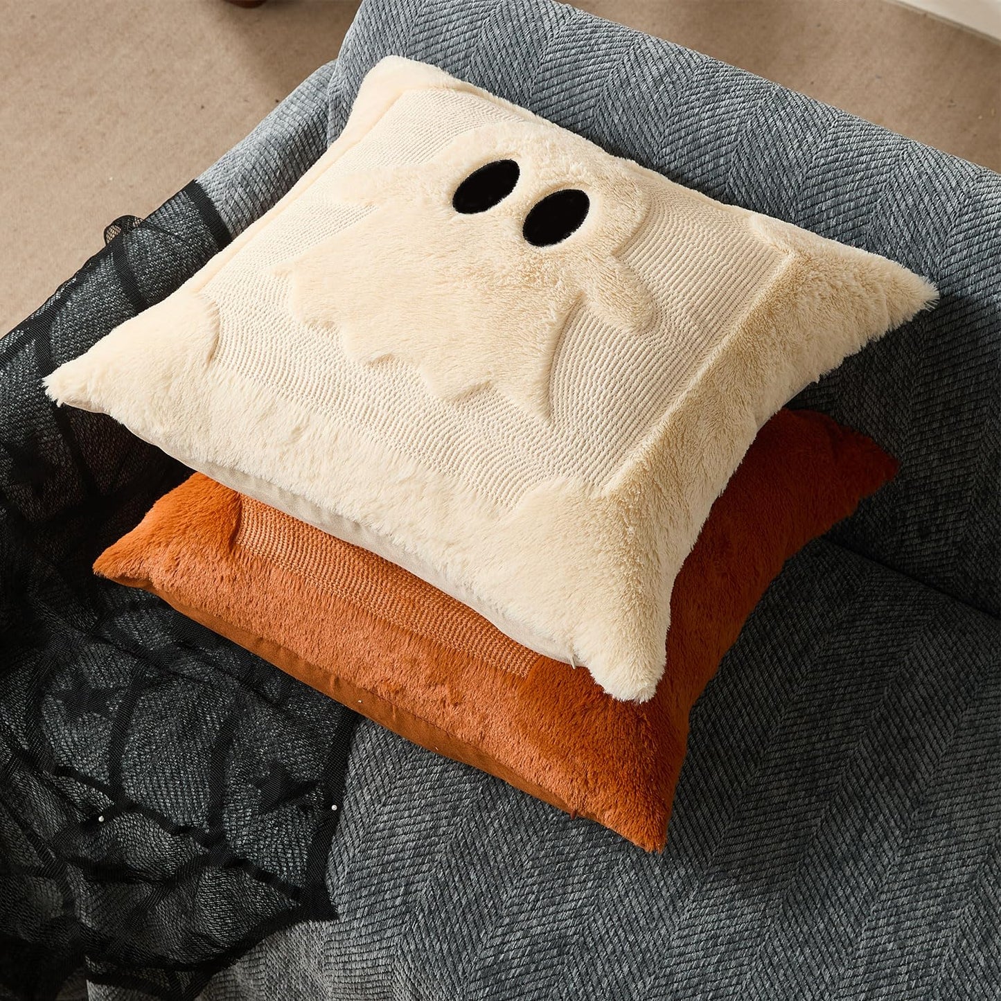 DFXSZ Halloween Pillow Covers 18x18 inch Set of 2 Black Eyes Beige Ghost Throw Pillow Cases Soft Plush Faux Fur Wool Couch Cushion Case for Chair Sofa Bedroom Living Room Home Decor PTK058B18