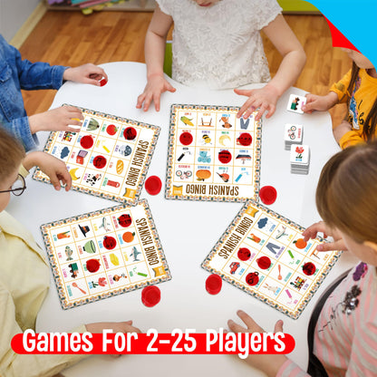 SpriteGru Spanish Bingo Game, 25 Bingo Board Spanish & English Vocabulary Word Game Bilingual Educational Toys for Language Learning - Ages 5 and up (Up to 25 Players)