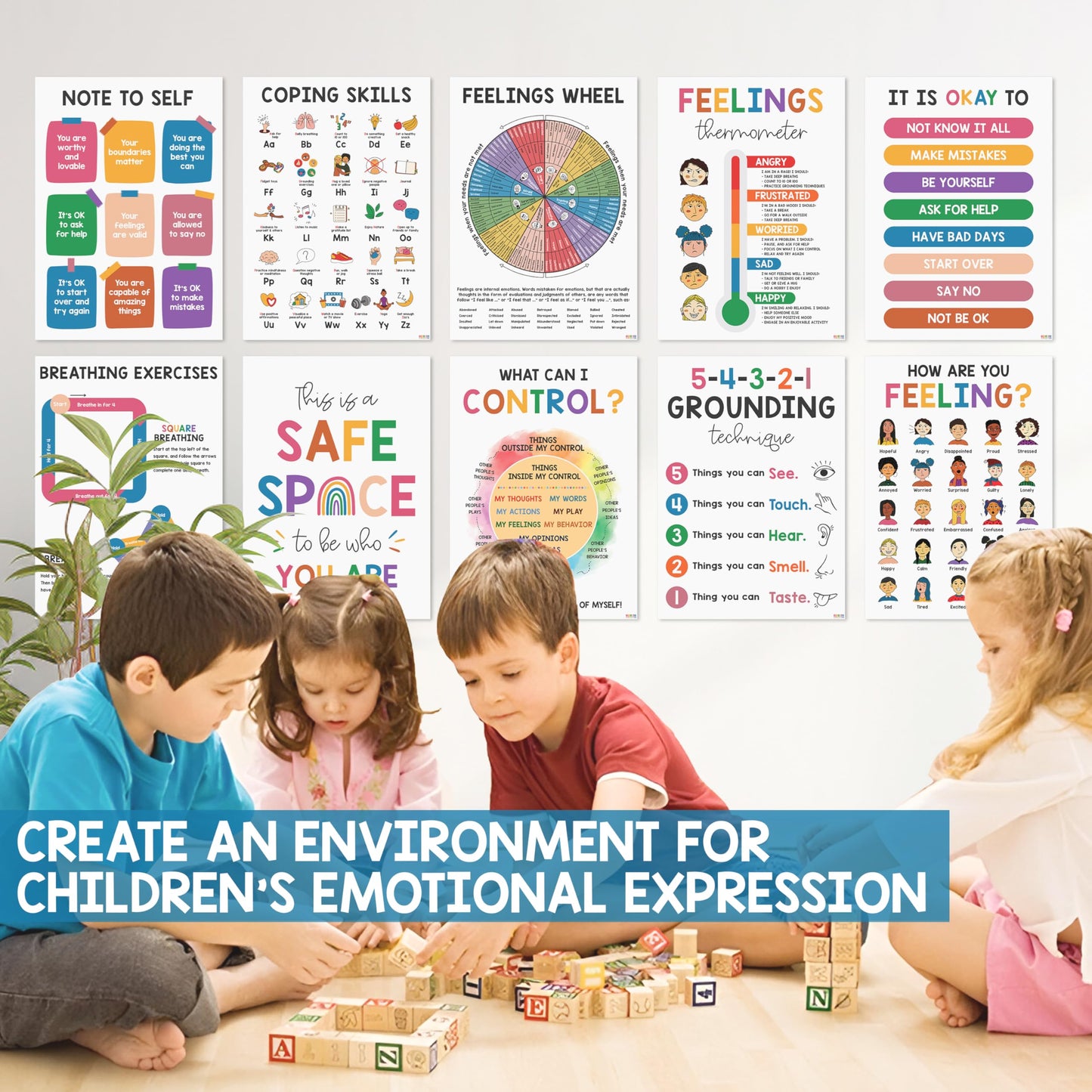 10 Mental Health Posters For Kids (10"x14") Therapy Office Decor, Feeling Wheel Poster, What Can I Control, Emotions Chart Kids Inspirational Wall Art, Classroom School Counselor Psychologist Decor