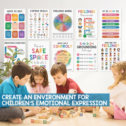 10 Mental Health Posters For Kids (10"x14") Therapy Office Decor, Feeling Wheel Poster, What Can I Control, Emotions Chart Kids Inspirational Wall Art, Classroom School Counselor Psychologist Decor
