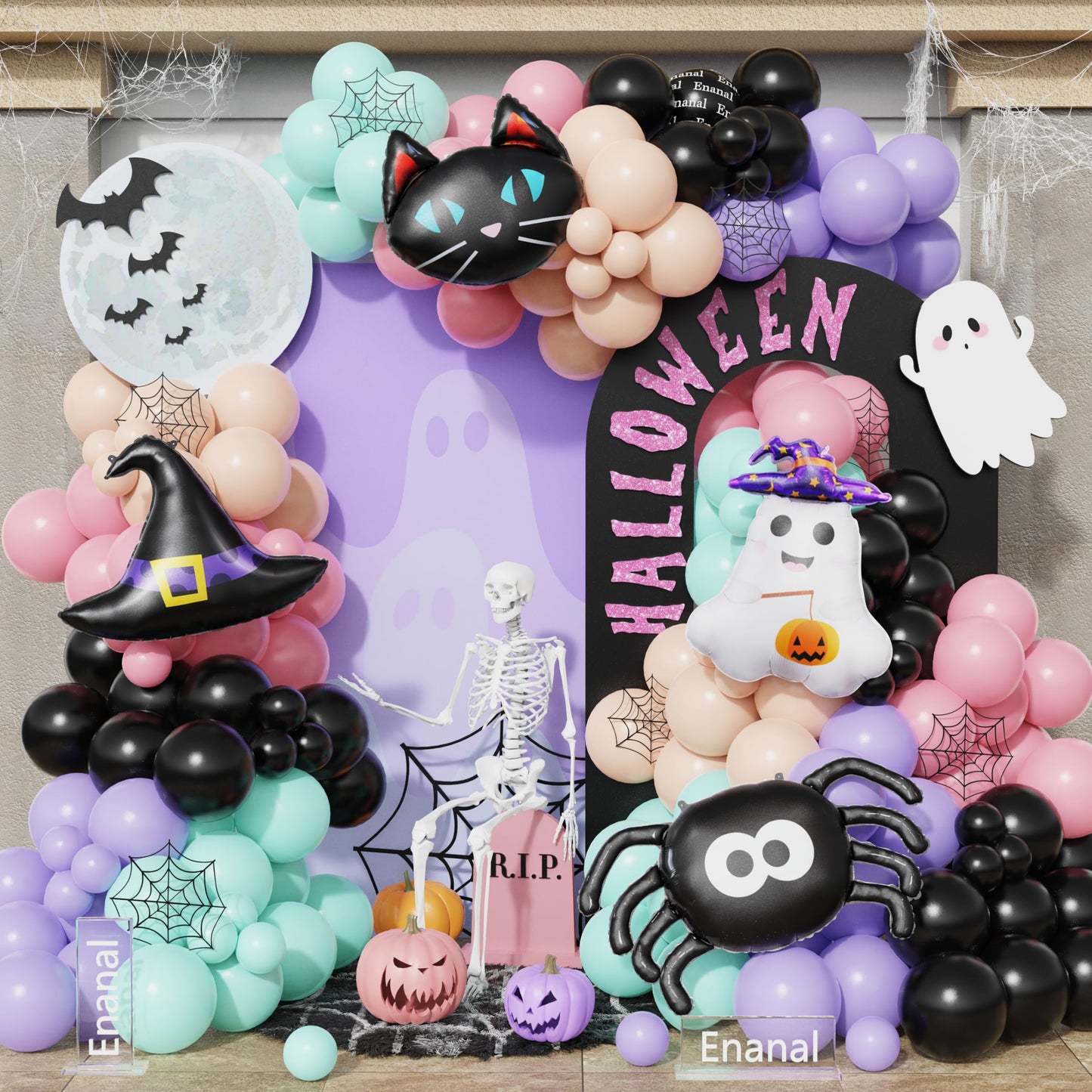 Enanal 166pcs Halloween Balloon Arch Kit - Pastel Rainbow & Black Latex Balloons with Witch Hat/Ghost/Spider/Black Cat Foil Balloons for Little Boo Birthday, Halloween Baby Shower Party Decorations