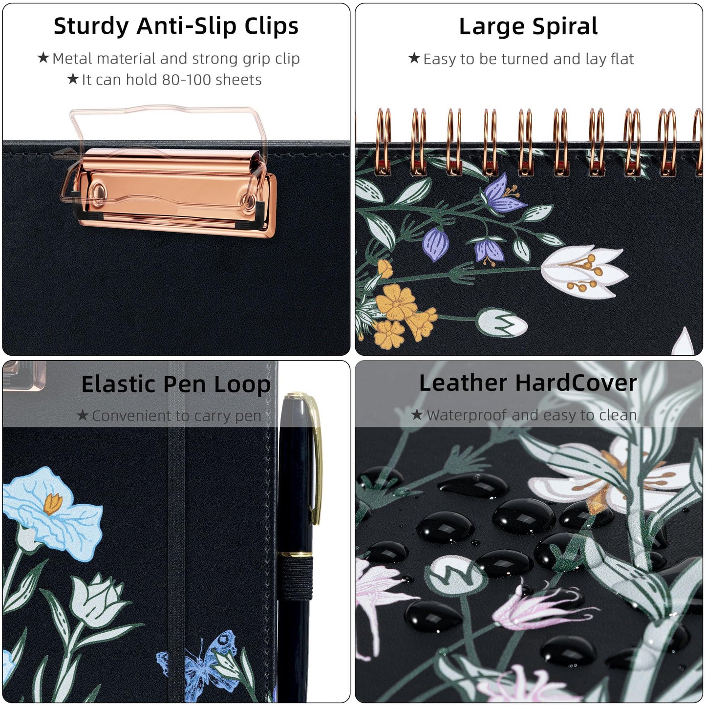 Ospelelf Foldable Spiral Clipboard Folio with with Storage Zipper Pouch, Leather Clipboard Folder with Notepad, 5 Plastic Folders with 10 Pockets, 39 Divider Label Stickers, Pen Loop Series (Bushes)