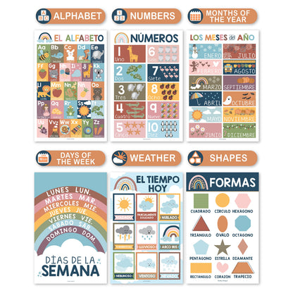 Hadley Designs Spanish Posters for Classroom - 12 Bilingual Educational Posters for Spanish Classroom Decorations Must Haves, Calendario y Alfabeto en Español Para la Pared, Boho Teacher Supplies