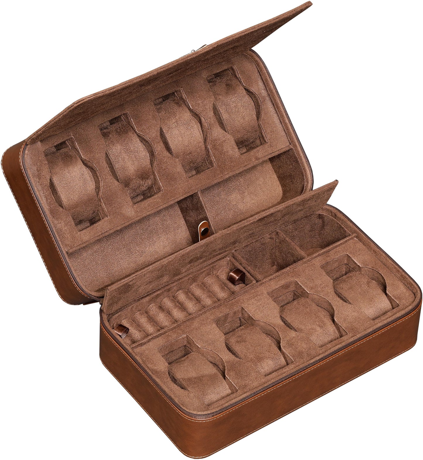 ROTHWELL 8 Watch Travel Case Storage Organizer for 8 Watches, Sunglasses, Rings & Cufflinks |Tough Portable Protection with Zipper Fits Most Wristwatches & Smart Watches Up to 50mm (Tan/Brown)