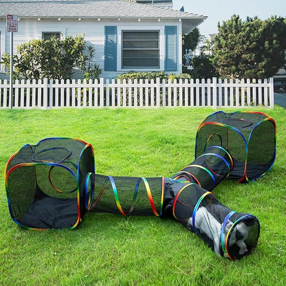 Outdoor Rainbow Cat Enclosures Playground,Outside House for Indoor Cats Include Portable Tent, 3 Way with 2 Cube Tunnel, for Kitty and Small Animals,Within Storage Bag