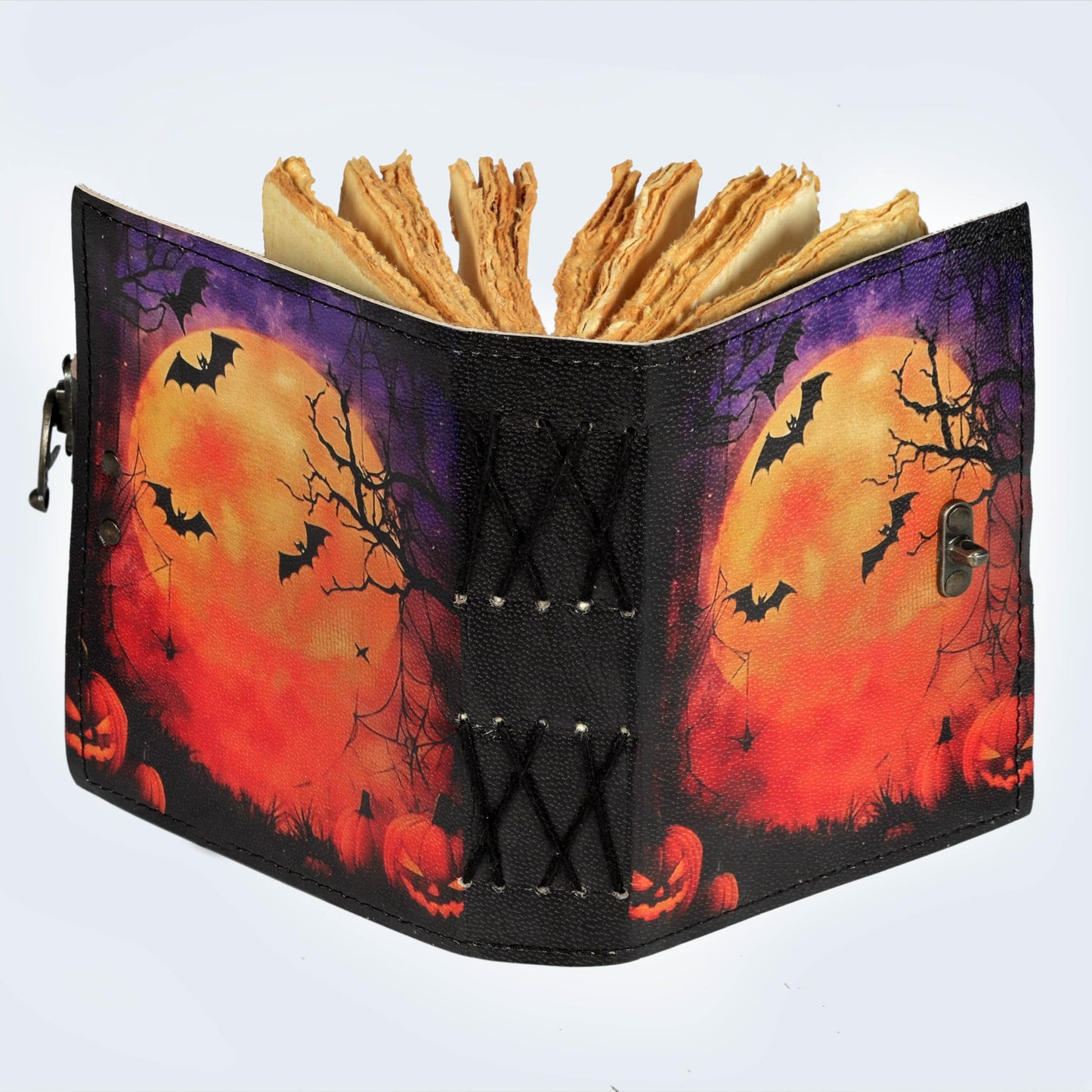 cuero Leather Halloween Journal with Pumpkin & Bat Print, Vintage Handmade Diary with Antique Metal Lock, Thick Handmade Paper, Gothic Notebook for Writing, Sketching & Gift (6.5 x 5)