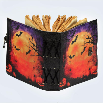 cuero Leather Halloween Journal with Pumpkin & Bat Print, Vintage Handmade Diary with Antique Metal Lock, Thick Handmade Paper, Gothic Notebook for Writing, Sketching & Gift (6.5 x 5)