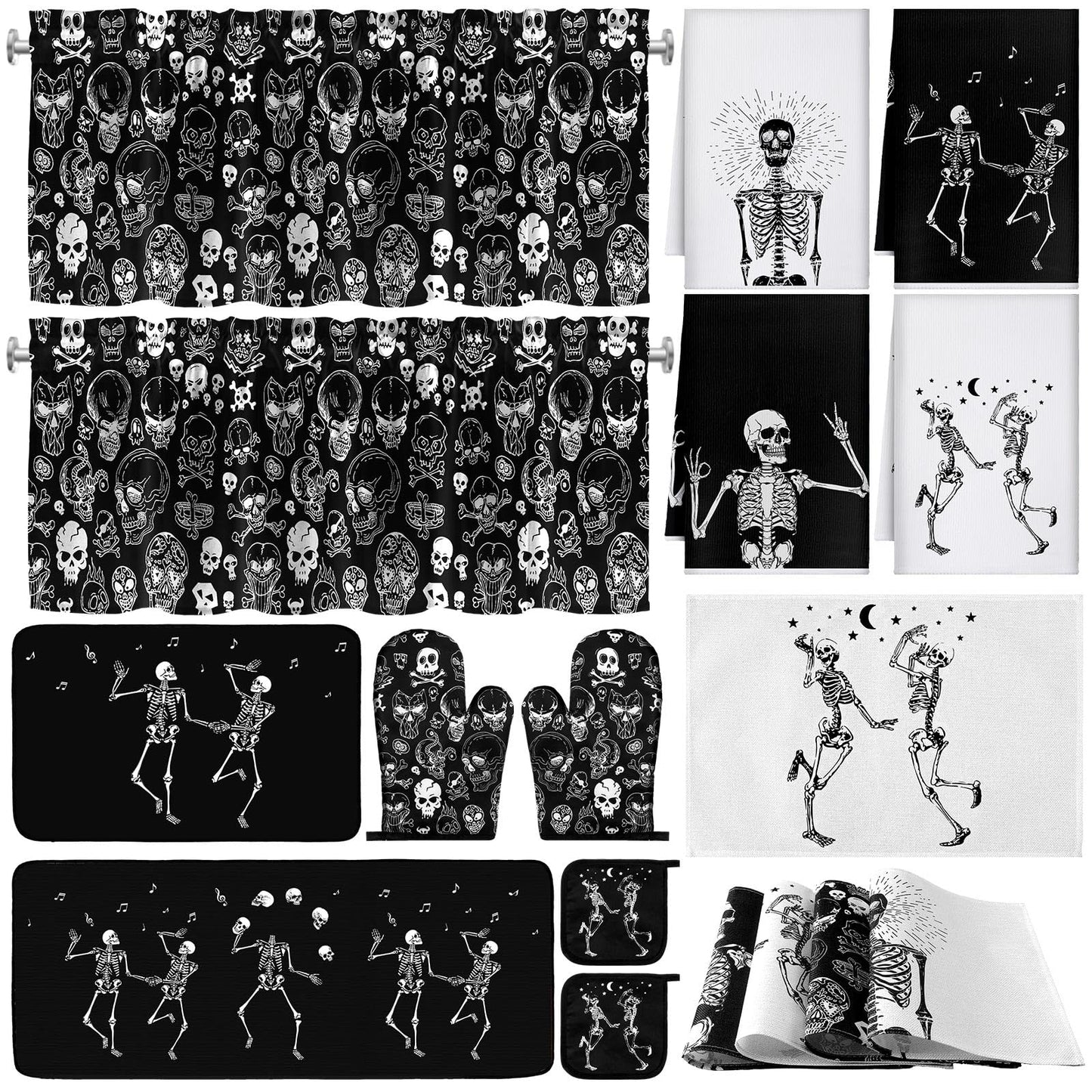 Fourluoo 16 Pcs Halloween Kitchen Decor and Accessories Set Black Skeleton Kitchen Towels and Dishcloths Non Slip Rugs Mats Oven Mitts and Pot Holders Scary Curtains Set for Home Decoration Gift