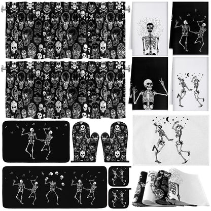Fourluoo 16 Pcs Halloween Kitchen Decor and Accessories Set Black Skeleton Kitchen Towels and Dishcloths Non Slip Rugs Mats Oven Mitts and Pot Holders Scary Curtains Set for Home Decoration Gift