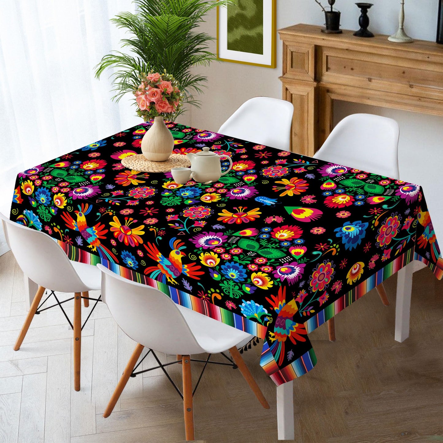Hexagram Mexican Tablecloth 54x78 Inches Rectangle Halloween Cinco De Mayo Fiesta Waterproof Table Cloth for Home Party Dinner Decorations Black