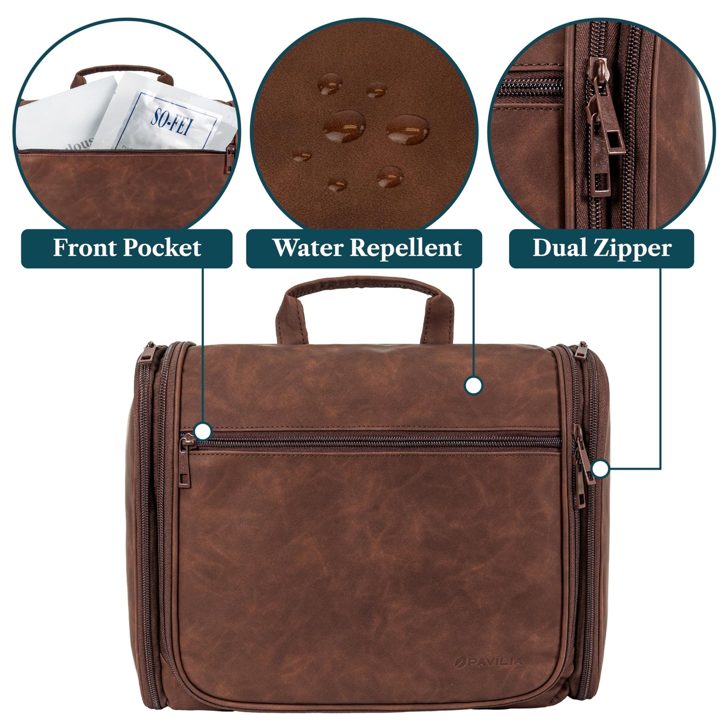 PAVILIA Large Hanging Toiletry Bag Travel Bag Women Men, PU Leather Cosmetic Organizer, Water Resistant Makeup Bag Accessories Toiletries, Travel Essentials Kit, Brown