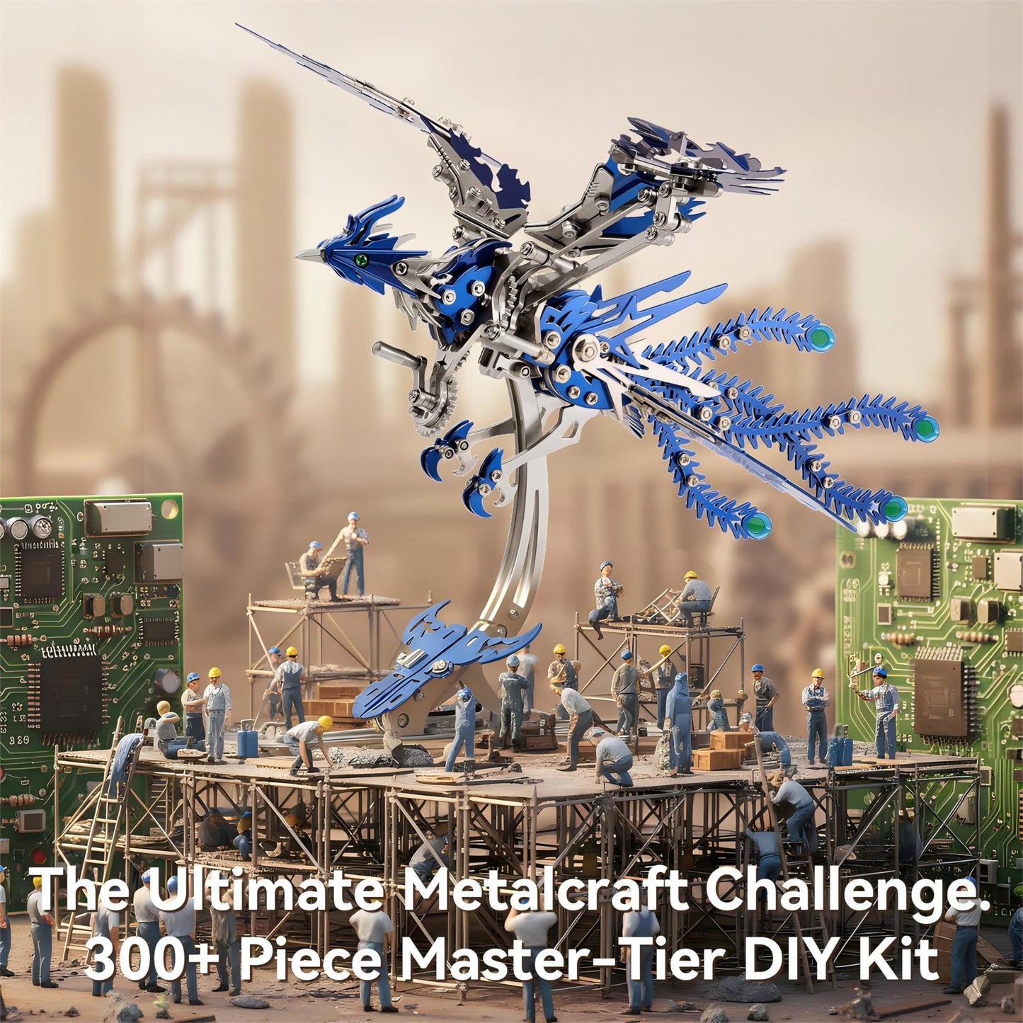 Gold-Plated Metal Phoenix Model Kit - 3D Stainless Steel Mythical Bird Puzzle for Adults - Mechanical Firebird Figurine - Steampunk Kinetic Art Sculpture - Home Decor Gift(Phoenix-Blue)