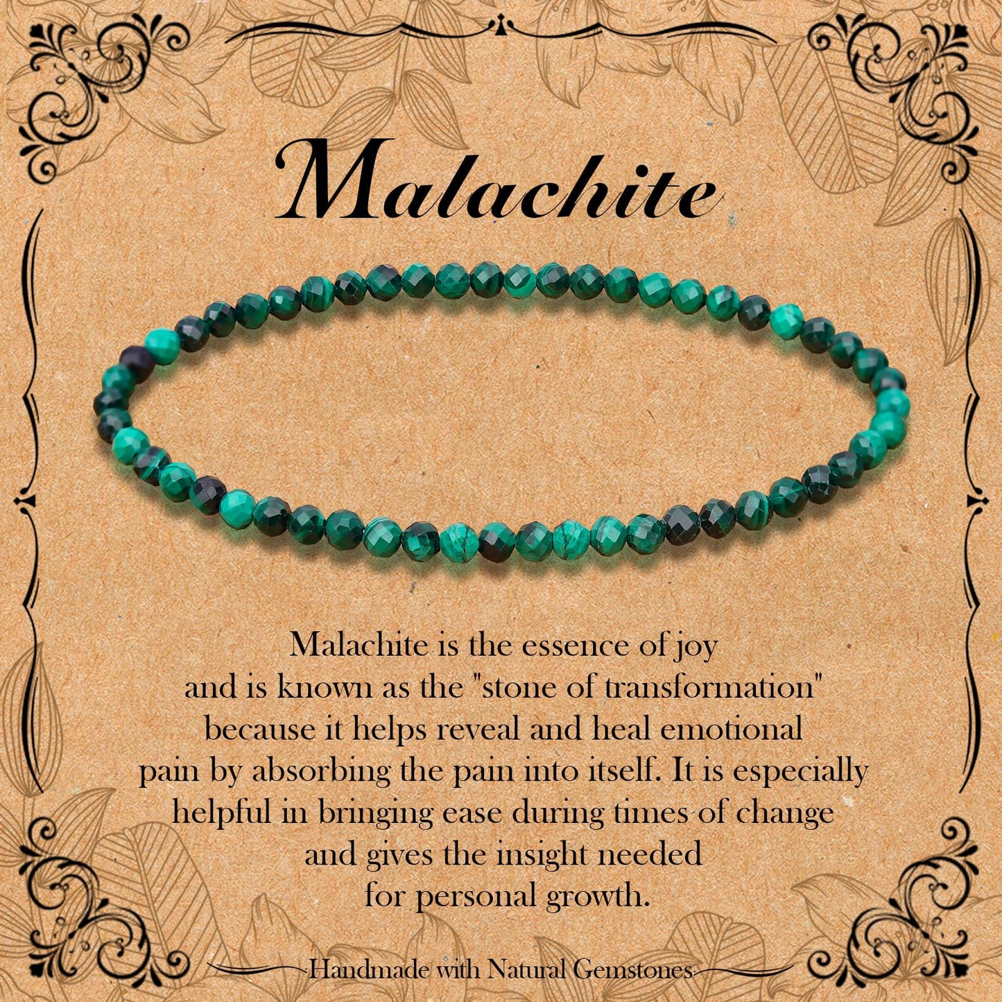 BONNY BOXX Natural Genuine Gemstone Faceted Round Beads Bracelets, 3mm Adjustable Stretchy Tiny Faceted Malachite Bracelet, Healing Crystal Reiki Chakra Dainty Jewelry Fashion Gifts