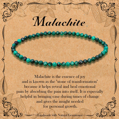 BONNY BOXX Natural Genuine Gemstone Faceted Round Beads Bracelets, 3mm Adjustable Stretchy Tiny Faceted Malachite Bracelet, Healing Crystal Reiki Chakra Dainty Jewelry Fashion Gifts