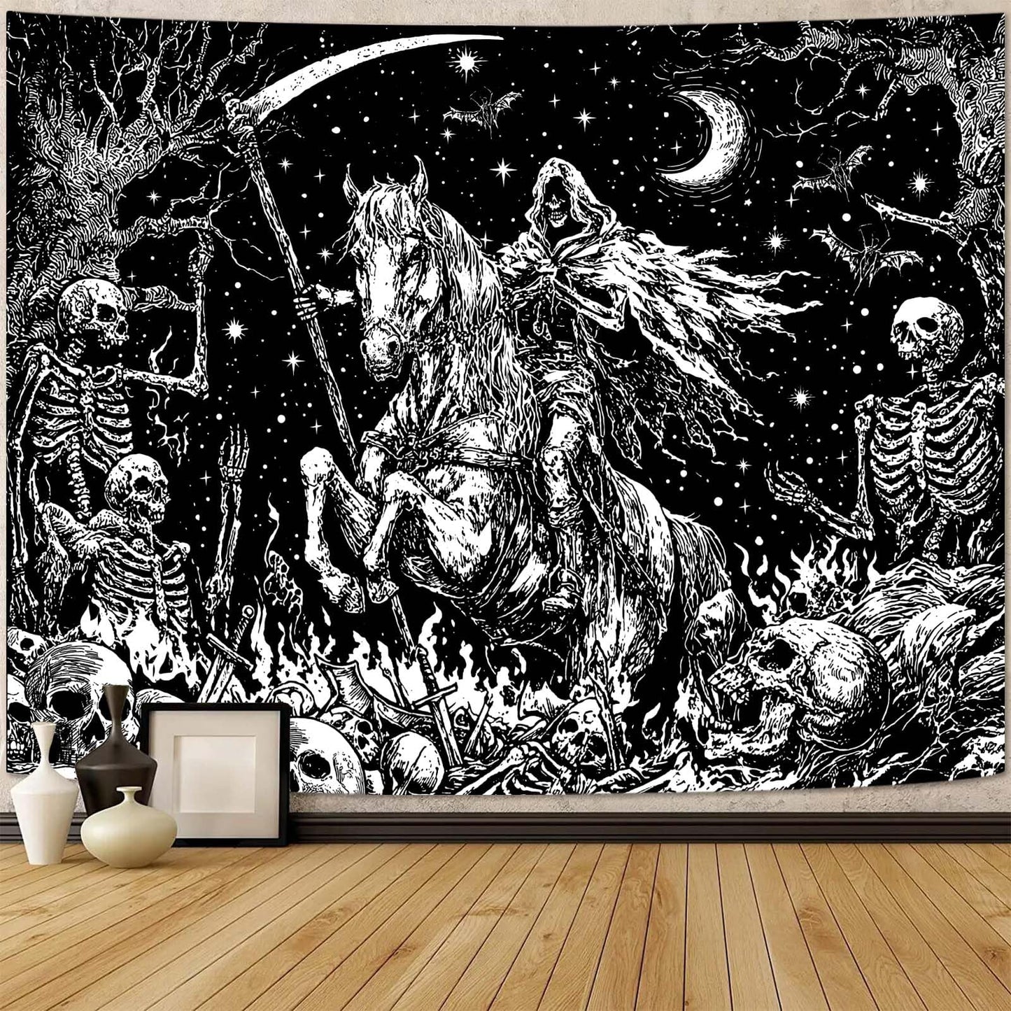 Lifeella Gothic Skeleton Tapestry, Horror Moon Skull Dark Death Grim Reaper Wall Art for Bedroom Grunge Room Decor, Black and White 44x60 inches