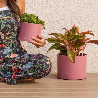 Bloem Mathers 6" Plastic Planter - Modern Indoor Pot with Drainage Holes and Saucer Tray, Dusty Rose