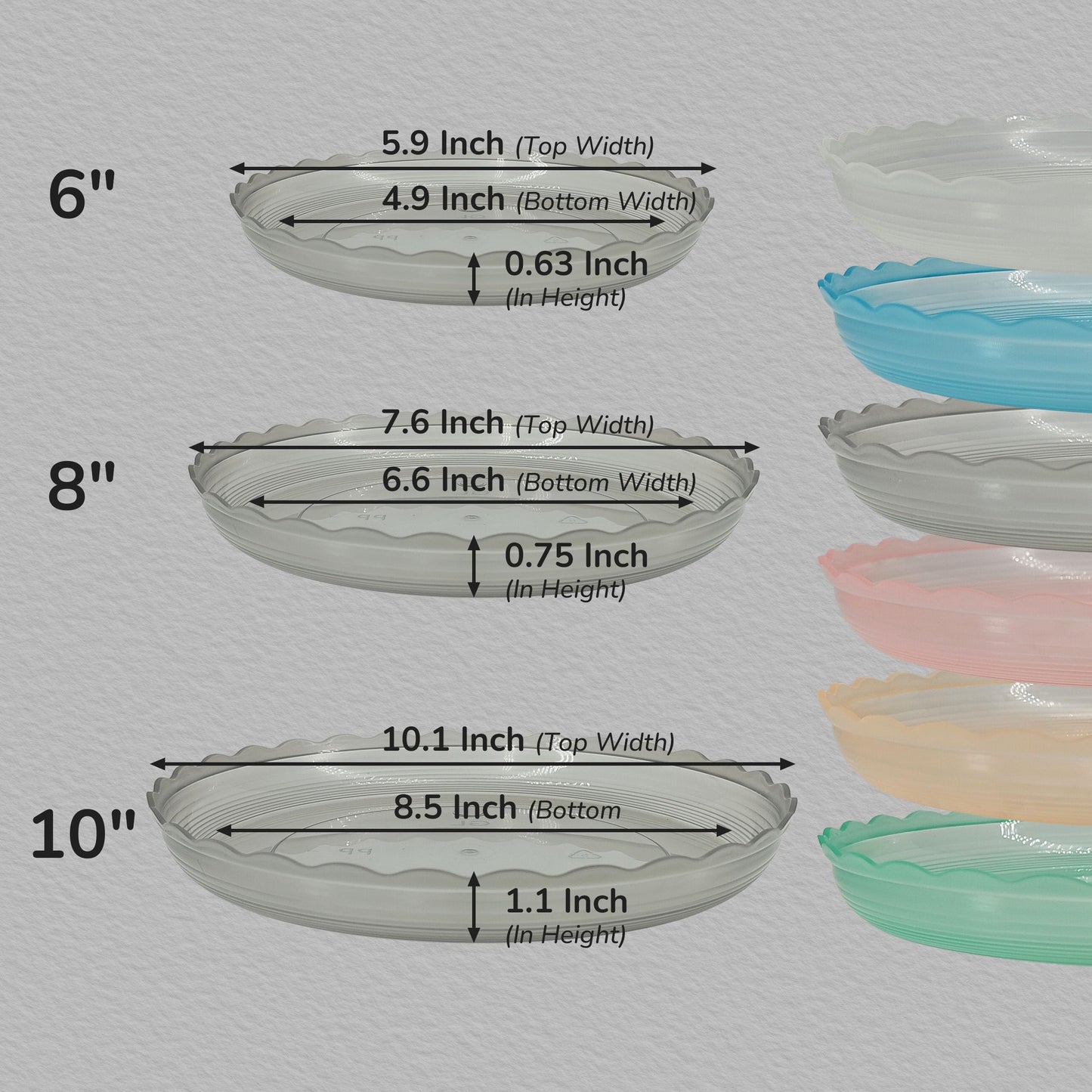 ECOESPTI 12Pcs Clear Plant Saucer, 6 8 10 Inch Durable Plastic Plant Tray, Round Plant Pot Saucers, Drip Tray for Indoor and Outdoor Garden, Grey