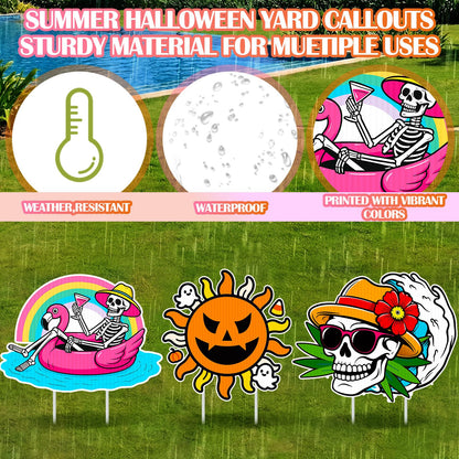 SiliFine 9 Pcs Summer Halloween Yard Decor Signs with Stakes Outdoor Plastic Lawn Decorations, Skeleton Ghost Pumpkin Beach Sand Themed for Summer Halloween Party Garden Decorations