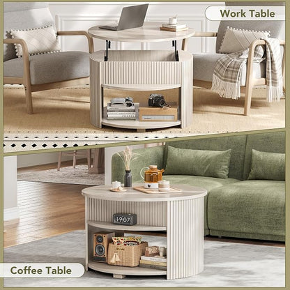 Round Lift Top Coffee Table with Storage, Fluted Mid-Century Modern Coffee Tables for Living Room, with Hidden Compartment & Open Shelves, for Small Spaces & Home Office(31.5" White Oak)