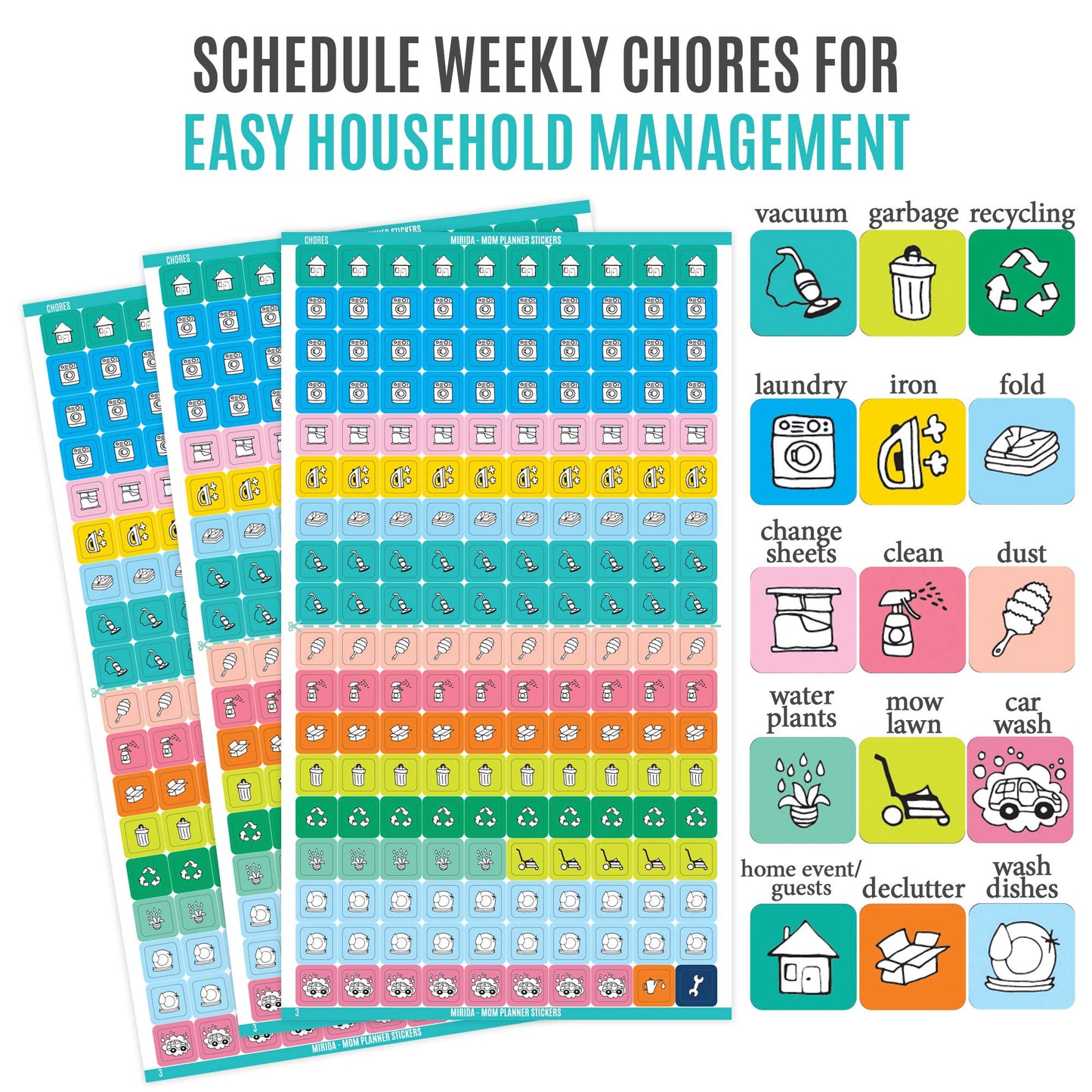 Mirida Planner Stickers - 1900+ Mom Calendar Icons, Variety Pack - Household Chores, Budget, Kids’ School Events, Daily Errands for Adults Organizer