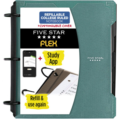 Five Star Flex Refillable Notebook + Study App, College Ruled Paper and 1 Inch TechLock Ring Binder with Customizable Cover, Pockets, Tabs and Dividers, 200 Sheet Capacity, Seaglass Green (29326AQ8)