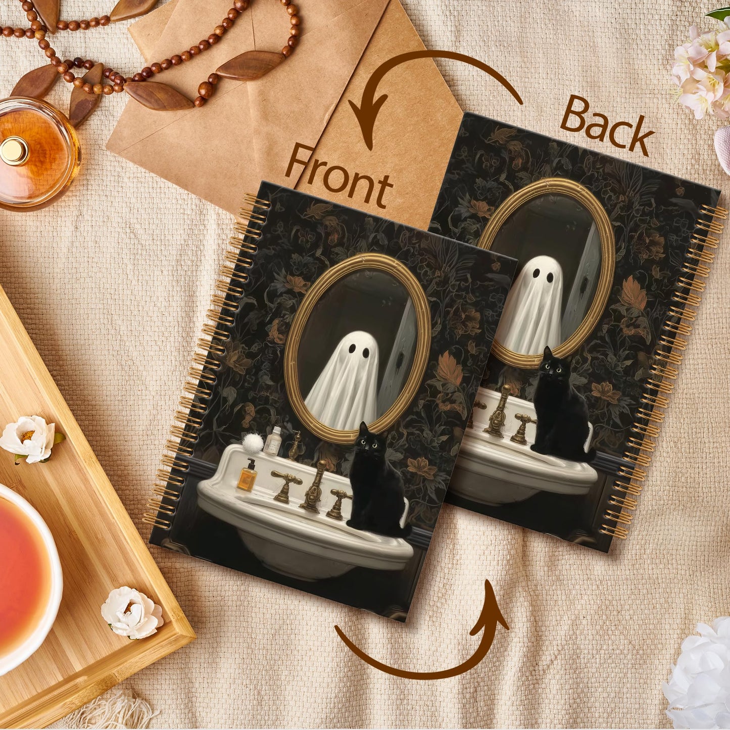 OINDADE Halloween Cute Ghost Notebook Journal, Dark Moody Black Cat Ghost Spiral Notebook, Fall Spooky Ghosts Notebooks Gifts for Women Men, Autumn Halloween School Office Supplies, 6x8.2In
