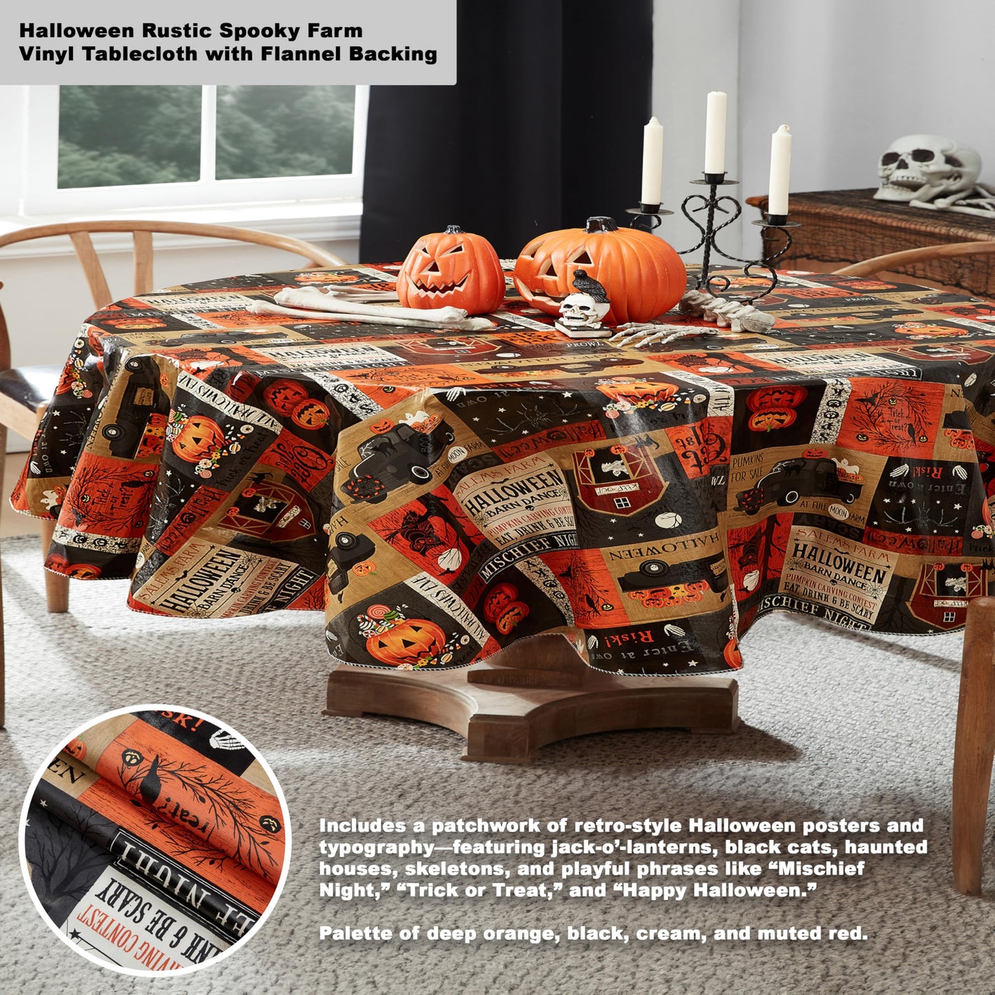 Newbridge Halloween Rustic Spooky Farm 60 x 84 Inch Oval Vinyl Tablecloth with Flannel Backing, Vintage Halloween Truck and Pumpkin Design, Easy Care Wipe Clean Table Cover
