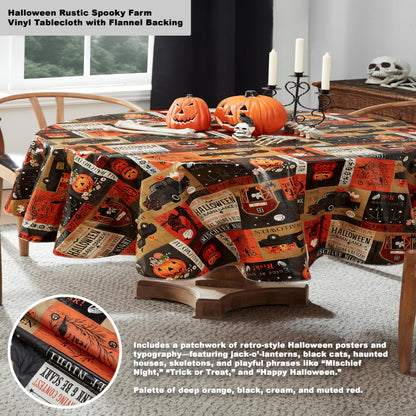 Newbridge Halloween Rustic Spooky Farm 60 x 84 Inch Oval Vinyl Tablecloth with Flannel Backing, Vintage Halloween Truck and Pumpkin Design, Easy Care Wipe Clean Table Cover